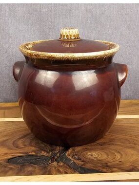 Hull Bean Pot Ceramic Brown Glazed With Lid Vintage 7 Inch